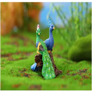 Cute resin peacock miniature figurines on tree stump, perfect for succulent micro landscape decor.