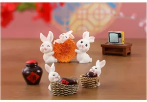 Niedliche Harz Kaninchen Miniaturen Set mit Mondkuchen für herbstliche Garten Mikro Landschaft.