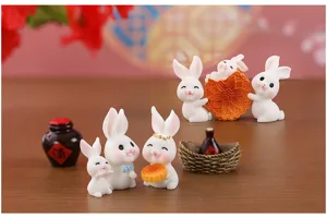 Niedliche Harz Kaninchen Figuren mit Mondkuchen, Miniatur Mikro Landschaft Garten Deko.