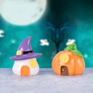 Halloween miniature resin ornament cute pumpkin house witch hat ghost micro landscape decor.