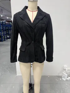 Women black corduroy blazer jacket slim fit single button wide lapel autumn outerwear