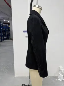 Black corduroy blazer for women, slim fit single button jacket with lapel for autumn.