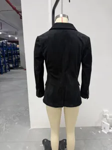 Black corduroy blazer for women, slim fit waist-cinching jacket with wide lapel for autumn.