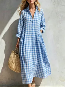 Detailansicht blau-weiß kariertes Hemdkleid, Langarm Freizeit Midi-Kleid mit Revers für Damen.