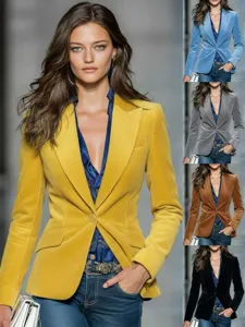 Women's corduroy blazer slim fit single button lapel suit jacket with multi-color options.