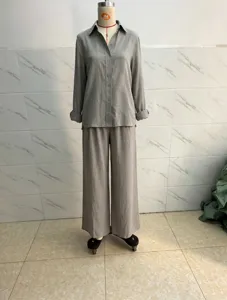Casual women cotton linen long sleeve shirt and wide leg pants set in grey for summer wear.