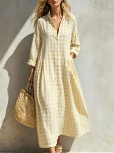 Gelbes kariertes Hemdkleid Midilänge Revers Knöpfe Damen Frühlingsstil Detailansicht