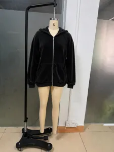 Black velvet zip up hooded sweatshirt casual jacket for women winter thermal top casual daily wear