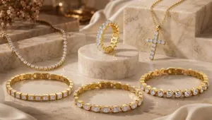 Conjunto de joyas de acero inoxidable bañado en oro con anillo, collar de cruz y pulseras.