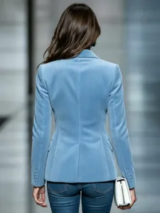 Women's light blue corduroy slim-fit blazer with notch lapel, perfect for autumn and winter.