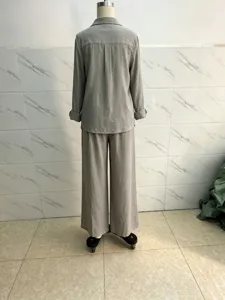 Gray linen-blend long sleeve shirt and wide leg pants set, casual summer women outfit.