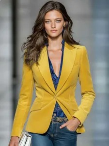 Women yellow corduroy blazer slim fit single button lapel stylish autumn winter outerwear