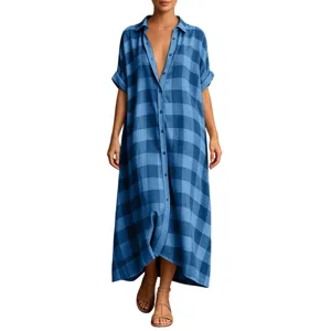 Casual blue plaid maxi shirt dress for women, button-down lapel short sleeve long dress.