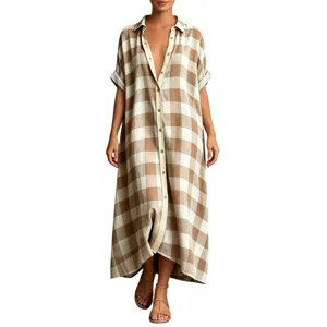 Casual brown and white plaid maxi shirt dress with button-down front and short sleeves.