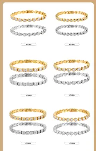 Pulsera de tenis de acero inoxidable con circonita, opciones de oro y plata con varias formas.