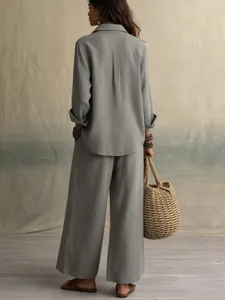 Casual women cotton linen two piece set with long sleeve shirt and wide leg pants for summer.