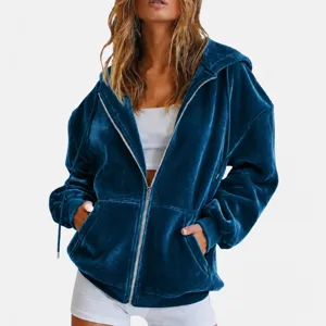 Detailed close-up view of the women's stylish dark blue velvet zip-up hooded sweatshirt.