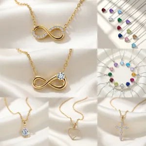 Variety of 316 stainless steel geometric necklaces with infinity, heart, and cross pendants.