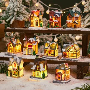 Christmas Resin Luminous Miniature House LED Light Snow Scenery Building Desktop Ornament Festive Home Decor Gift