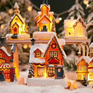 Christmas miniature glowing village houses desktop resin ornaments LED light decor