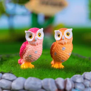 Cute owl miniature figurines for garden landscaping, desktop resin ornaments, 2pcs set, vibrant colors.