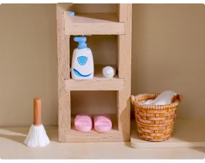 Miniature bathroom dollhouse furniture set with wooden shelf and laundry basket for decor.