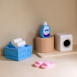 Miniature laundry room decor set with washing machine basket and towels for micro landscape