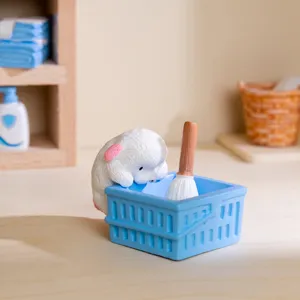 Miniature bathroom landscape resin ornament cute animal with laundry basket desktop decor