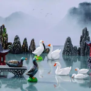Miniature resin duck swan rockery pavilion set for Chinese bonsai micro landscape tea table decor