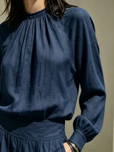 Elegant dark blue cotton linen long sleeve blouse top women casual autumn outfit set