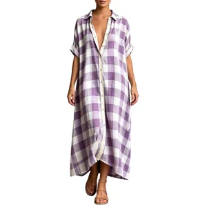 Casual purple plaid button-up maxi shirt dress for women, loose short sleeve summer beach vacation.