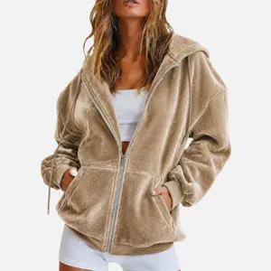 Women velvet zip up hoodie casual long sleeve outerwear autumn winter warm oversized jacket