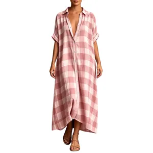 Pink checkered midi shirt dress detail, casual summer resort wear with button-down front.