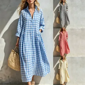 Damen Casual Karo Langarm Revers Einreihig A-Linie Midi Kleid Elegante Pendler Frühling Mode Polyester Kleid