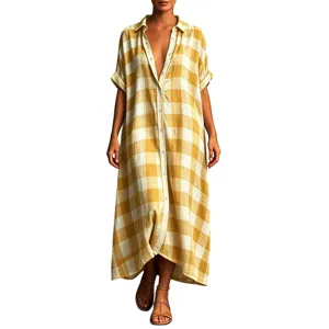 Yellow plaid shirt dress for women, casual summer short sleeve button down maxi dress.