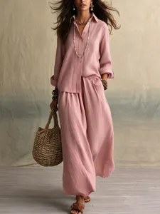 Summer casual linen button down shirt and wide leg pants two piece set for women.