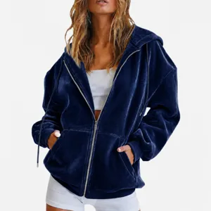 Women's Navy Blue Velour Zip-Up Hoodie Casual Loose Long Sleeve Outerwear Tops Collection.