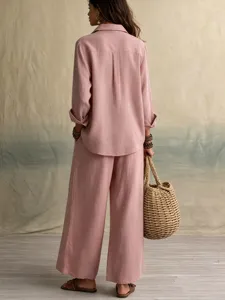 Detail view of the casual summer cotton linen two-piece set featuring shirt and wide pants.