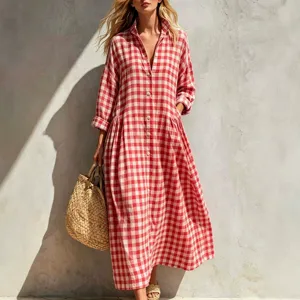 Rot-weiße Karo Langarm Blusenkleid für Damen, lässiges Knopfleiste Maxikleid Frühling.