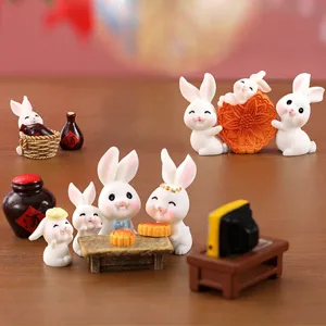 Niedliche Harz Kaninchen Miniatur Ornamente Set für Desktop Dekor, Mid-Autumn Festival.