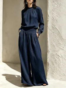 Autumn women casual linen long sleeve top and wide leg trousers set elegant outfit