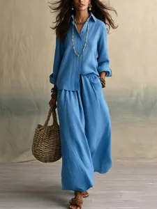 Casual summer cotton linen women two piece set, breathable shirt and wide leg trousers.