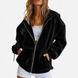 Black velvet zip-up hooded jacket, casual oversized sweatshirt outerwear for women.