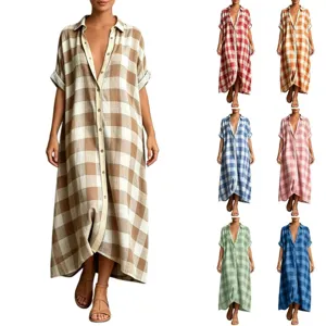 Women's Casual Cotton Blend Plaid Maxi Dress Turn-Down Collar Single-Breasted Short Sleeve Loose Vacation Long Dress