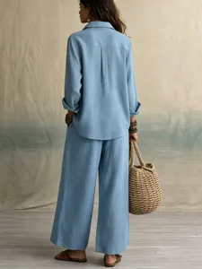 Summer casual linen two piece set for women, featuring long sleeve shirt and wide leg pants.