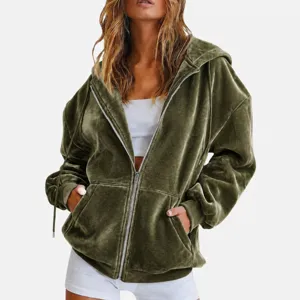 Detailed view of women's olive green velvet zip up hoodie, comfortable casual jacket.