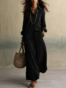 Summer loose cotton linen two-piece set, shirt collar long sleeve top and wide leg pants.