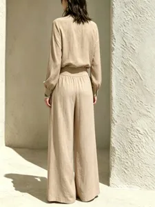 Casual linen blend two piece outfit women long sleeve top and wide leg trousers set beige