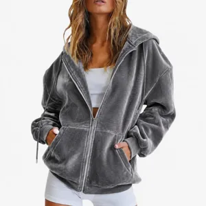 Grey velvet zip up hoodie for women, casual oversized sweatshirt jacket with hood and pockets.