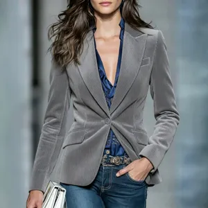 Women stylish grey corduroy blazer slim fit single button lapel casual jacket outerwear